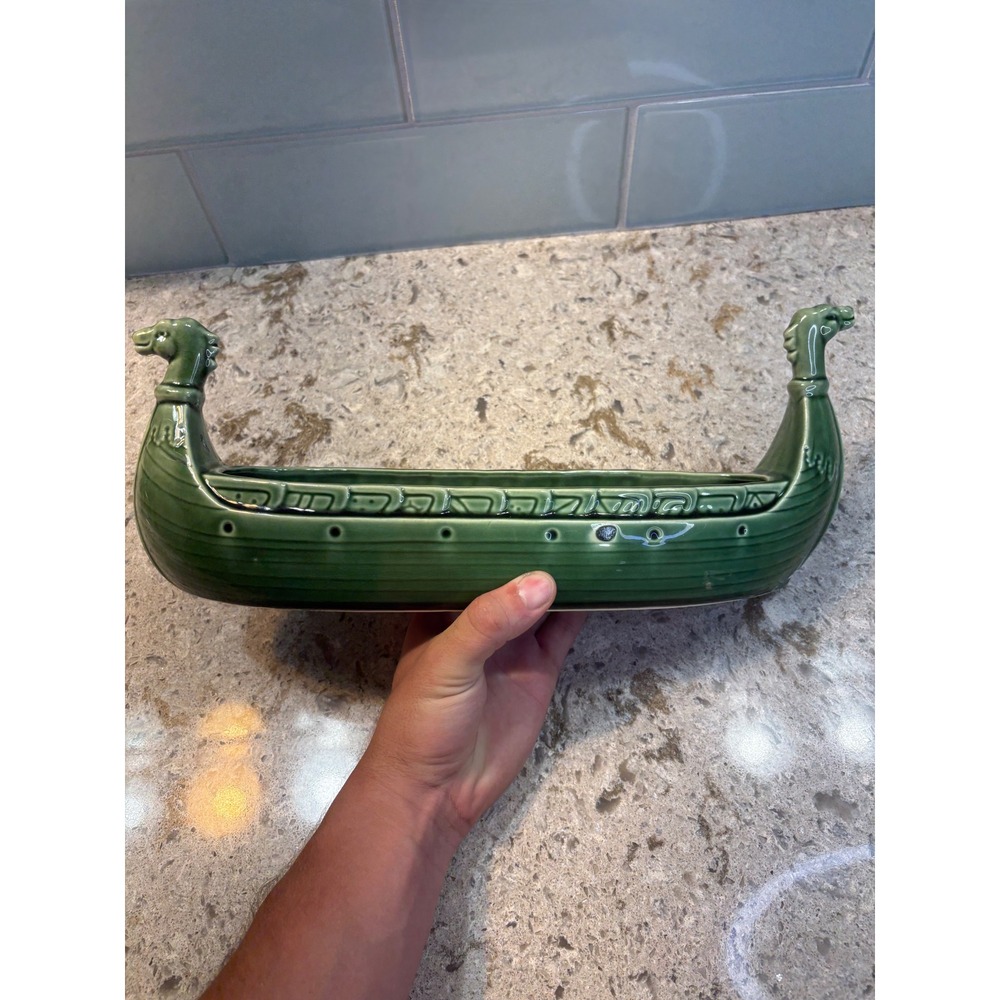Vintage Green Ceramic Viking Longship Planter Dragon Boat Centerpiece 15 Inch - Picture 6 of 11